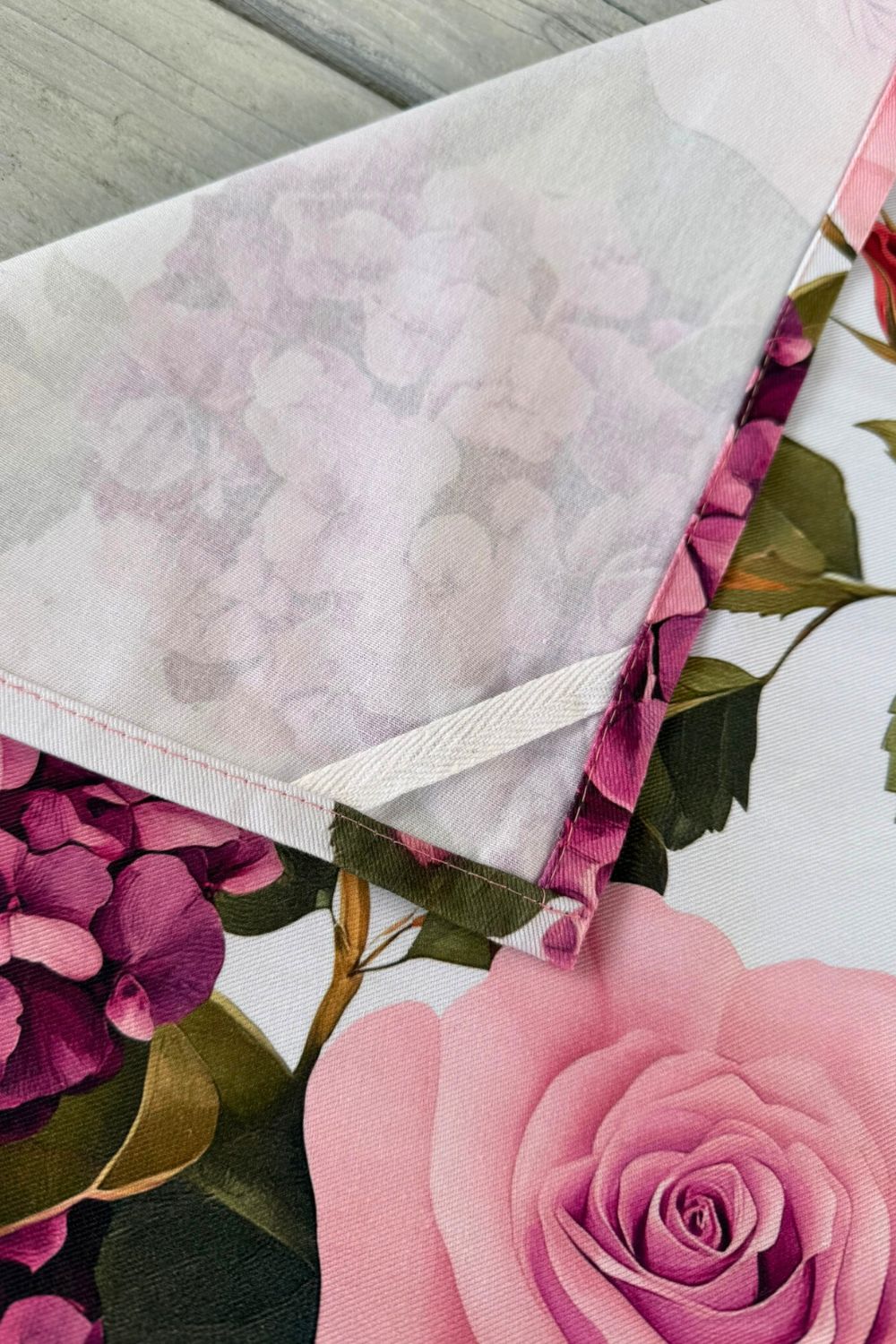 Close-up Love in the Mist floral print tea towel – cotton fabric