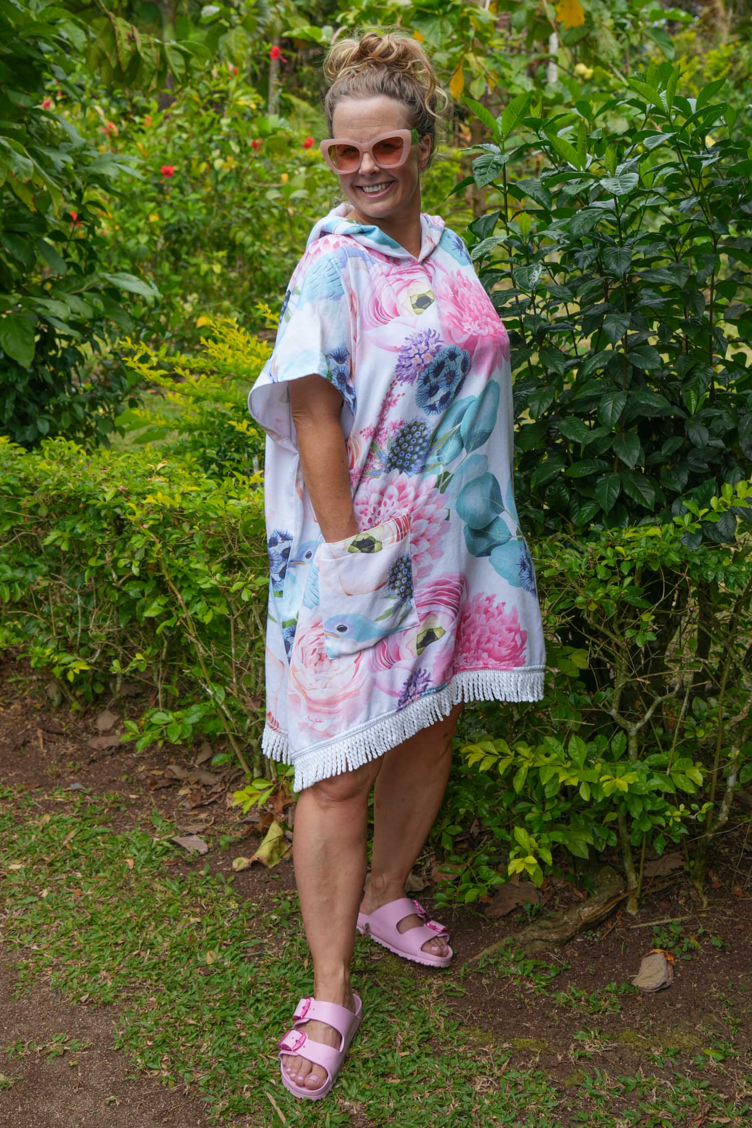 Turkish cotton towel poncho with vibrant floral print