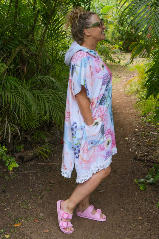 Floral cotton wearable towel poncho with hood and pocket