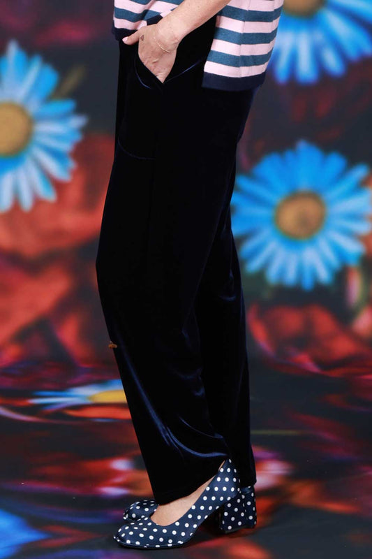 Navy velvet tapered pants womens