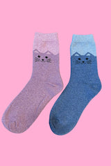 Cosy Blend Cat Socks - Includes Wool - Sky Pink - Multi Pack Of 2