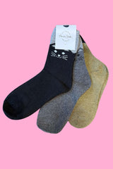 Cosy Blend Cat Socks - Includes Wool - Storm - Multi Pack Of 3