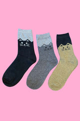 Cosy Blend Cat Socks - Includes Wool - Storm - Multi Pack Of 3