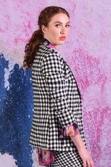 model wearing winn check jacket with posy floral top.