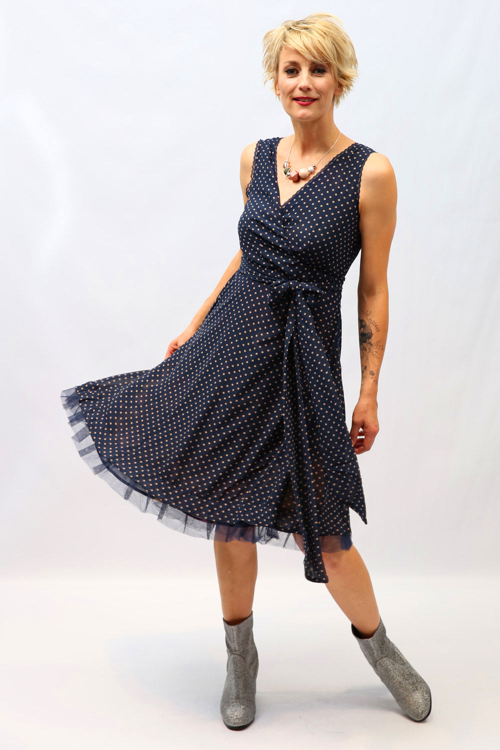 abigail flip it dress in navy with blush florals wrap dress