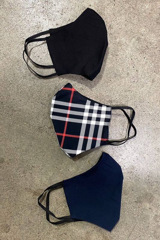 Men's Simplistic Cotton Face Masks - Navy, Black  & Tartan - Pack of 3