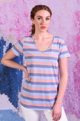model wearing cleo blue stripe short sleeve tee