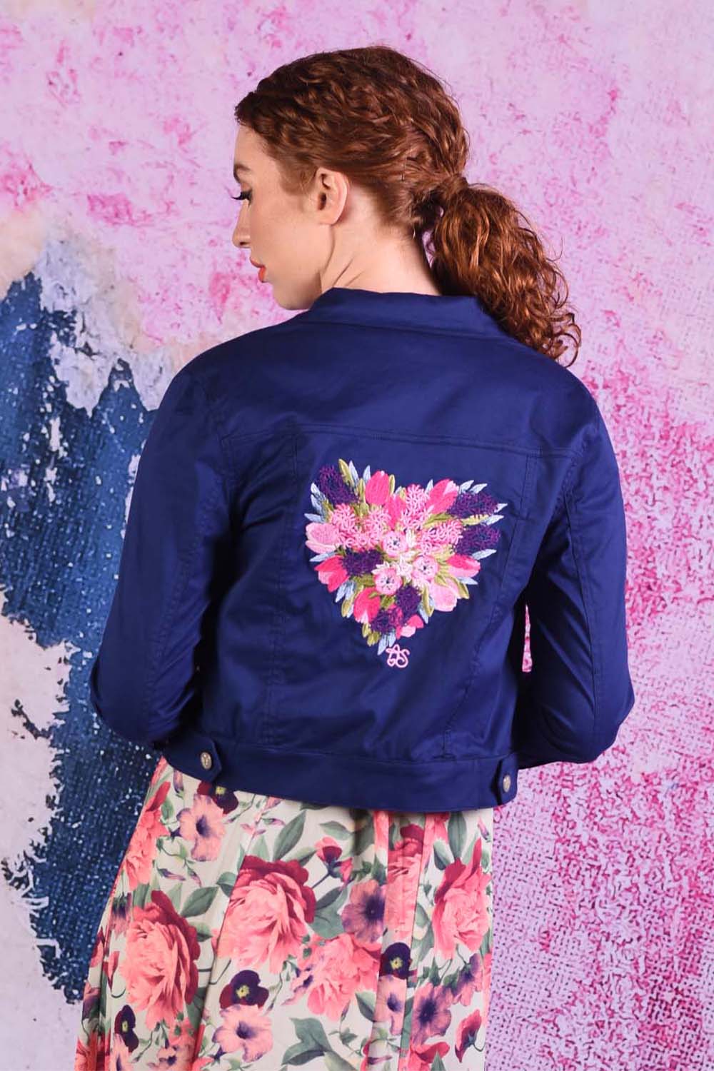 Model in Purple Denim Jacket with embroidered heart on back - DJ Star by Annah Stretton
