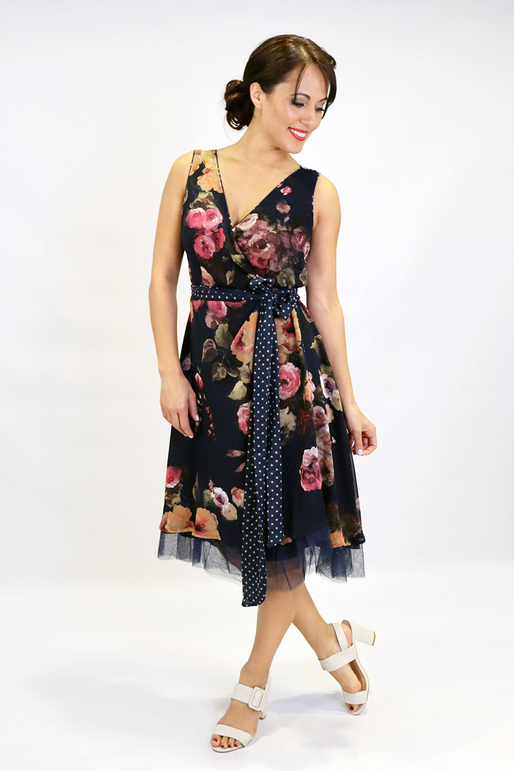 abigail flip it dress in navy with blush florals wrap dress