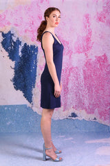 Model wearing Amy slip navy dress.