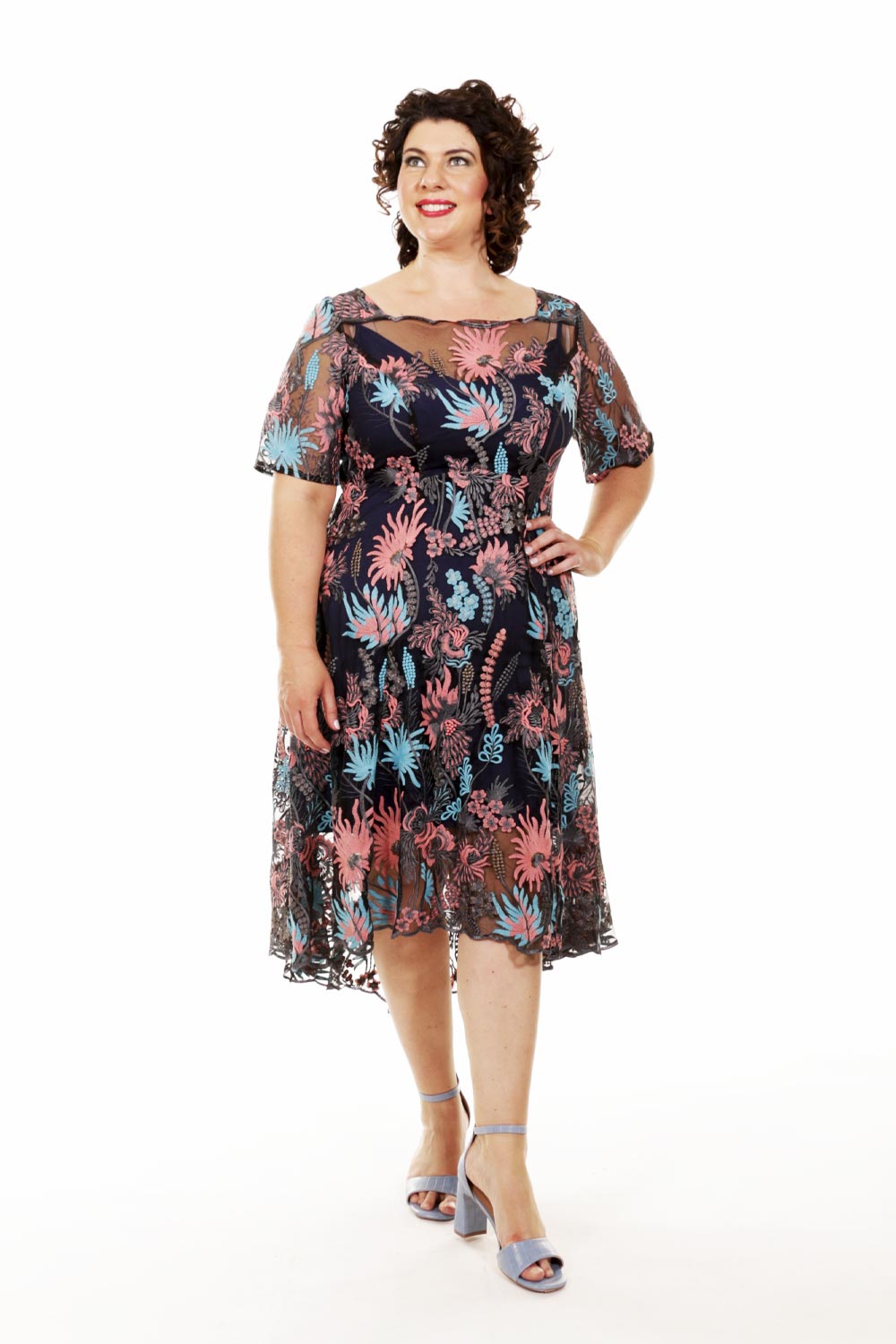 angel midi dress with pink and blue floral embroidery