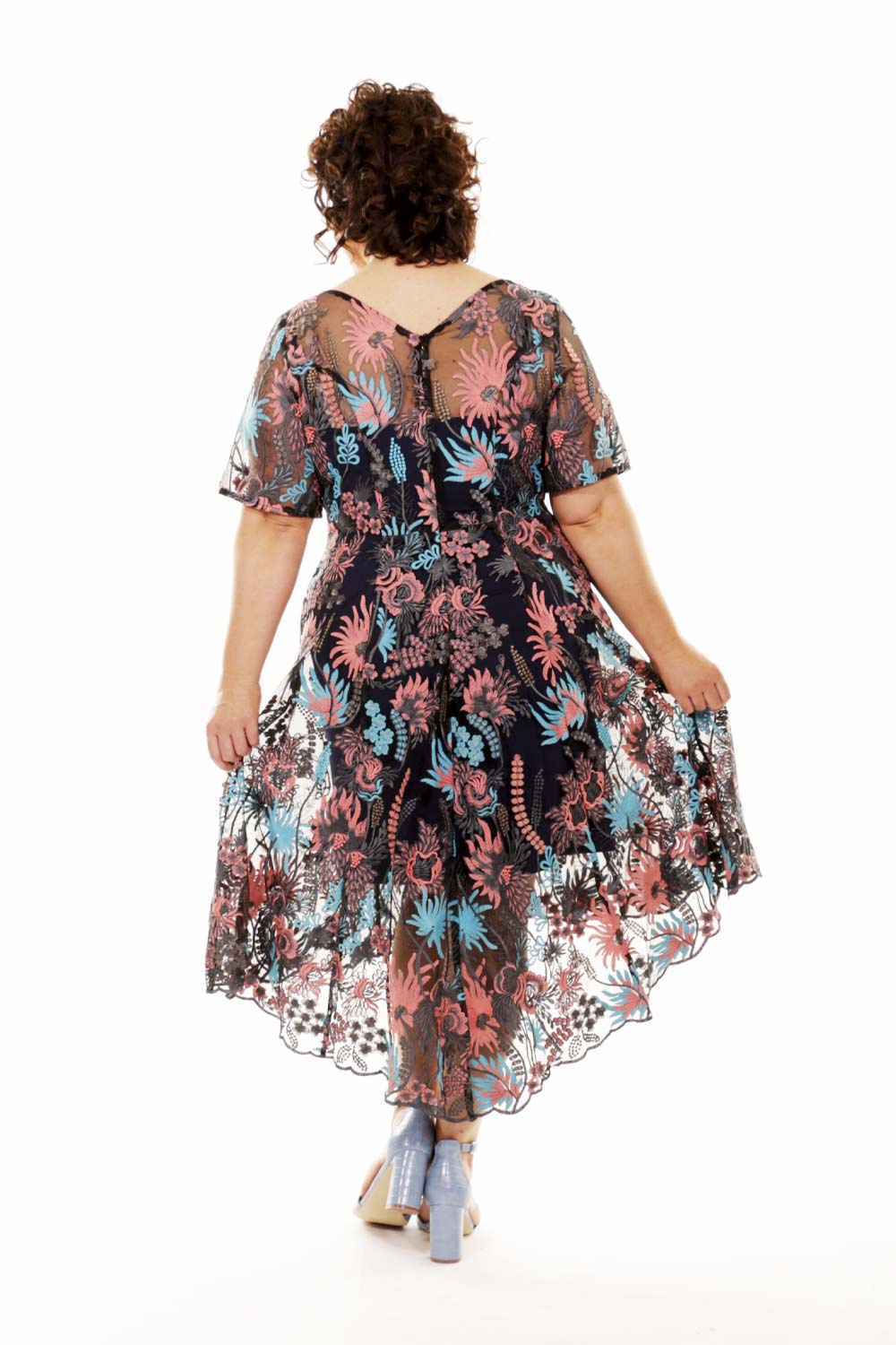 angel midi dress with pink and blue floral embroidery
