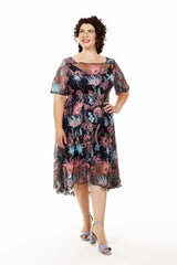 angel midi dress with pink and blue floral embroidery