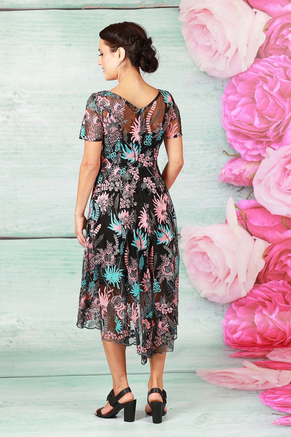 angel mother of the bride midi dress with pink and blue floral embroidery