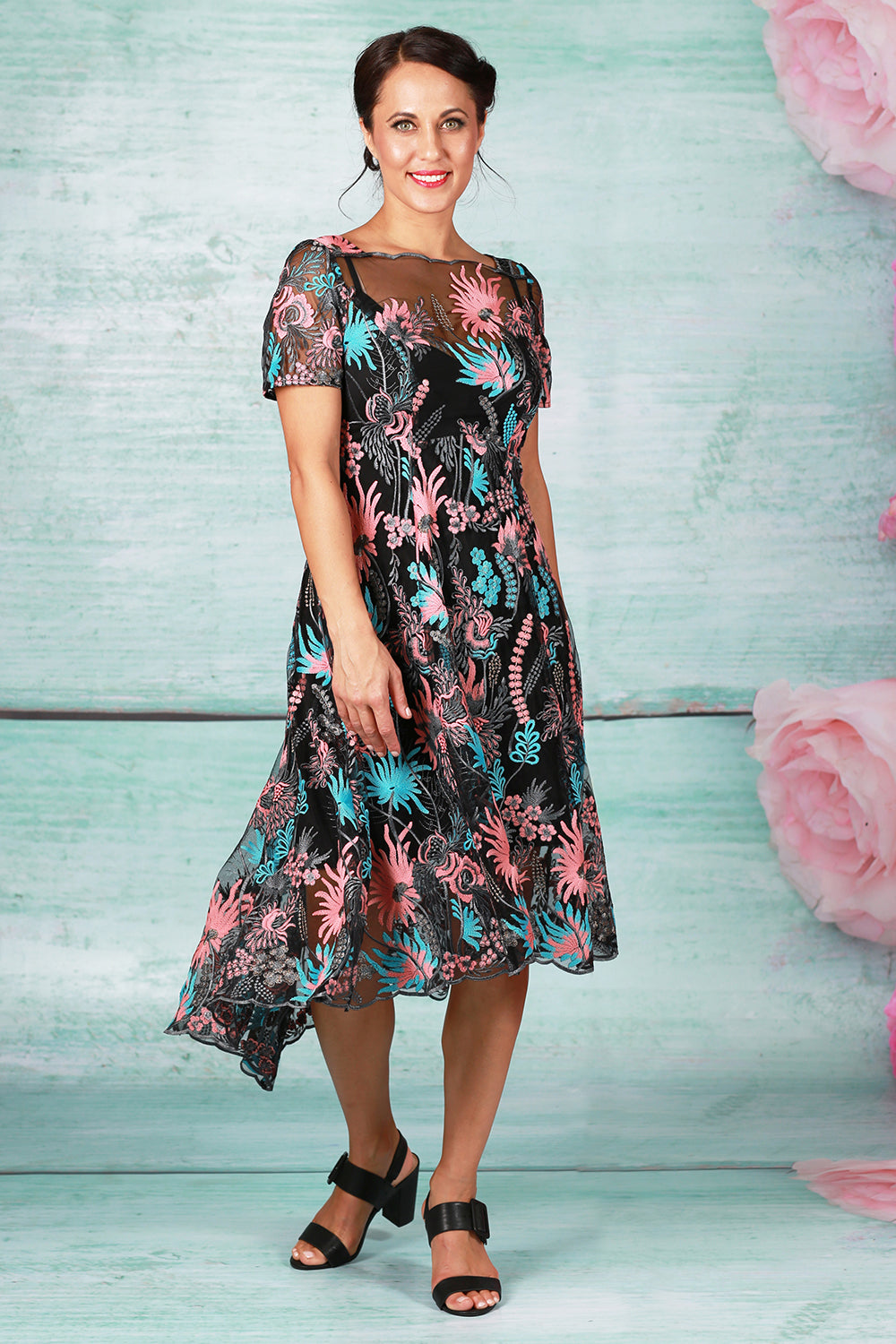 angel mother of the bride midi dress with pink and blue floral embroidery