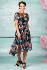 angel mother of the bride midi dress with pink and blue floral embroidery