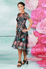 angel mother of the bride midi dress with pink and blue floral embroidery
