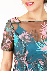 angel midi dress with pink and blue floral embroidery