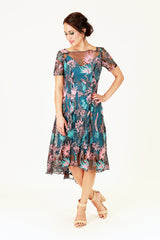 angel midi dress with pink and blue floral embroidery