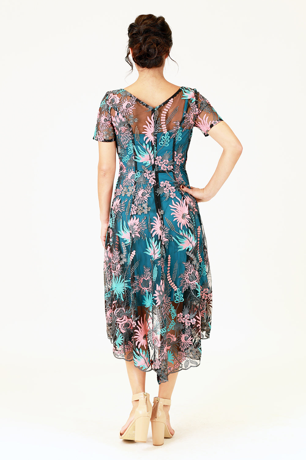 angel midi dress with pink and blue floral embroidery