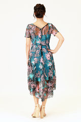 angel midi dress with pink and blue floral embroidery