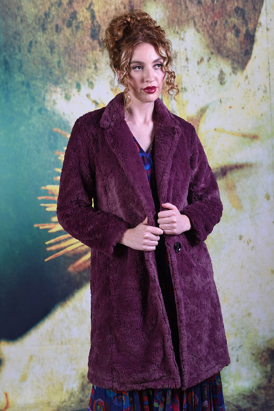 Model wearing the Annah Stretton Adoring Iris Coat in wine