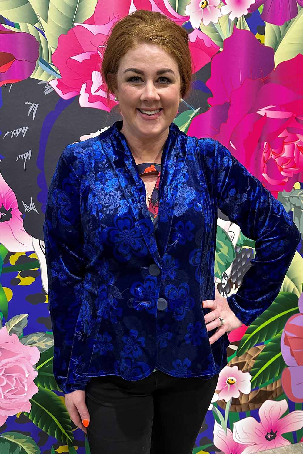 Model wearing the Annah Stretton Ady Sky Jacket in cobalt.