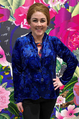 Model wearing the Annah Stretton Ady Sky Jacket in cobalt.