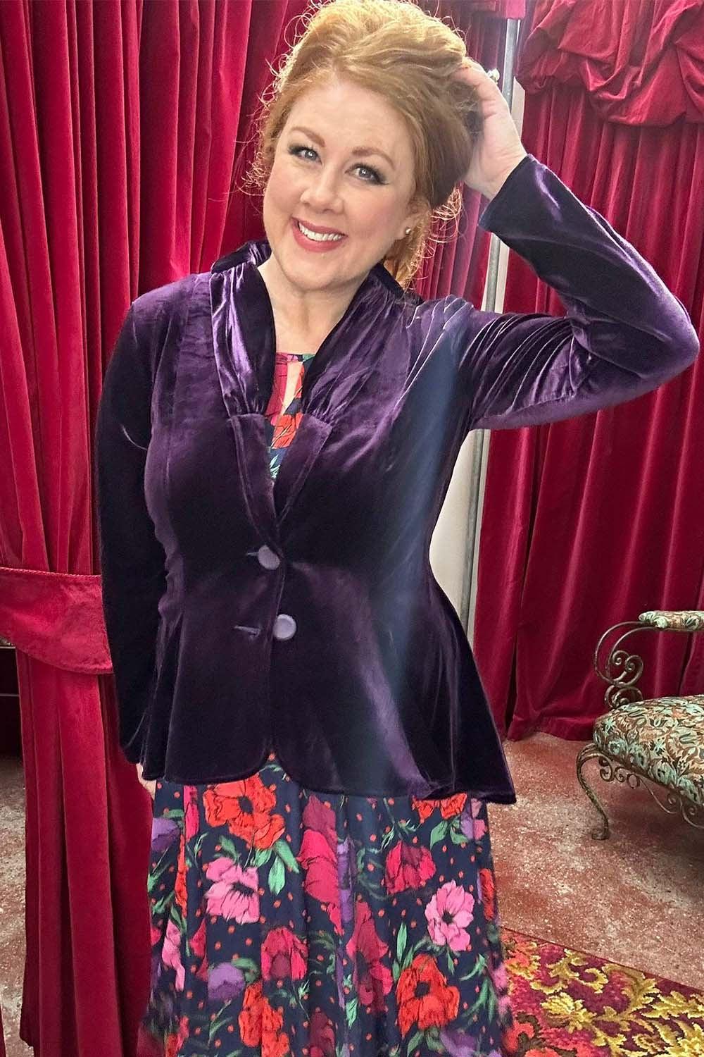 Model wearing the Annah Stretton Ady Grace Jacket in purple