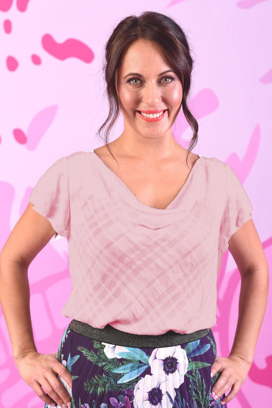 Model Wearing Bijou top in dusky pink by Annah Stretton