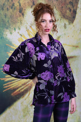 Model wearing the Annah Stretton Elsie Shirt in purple