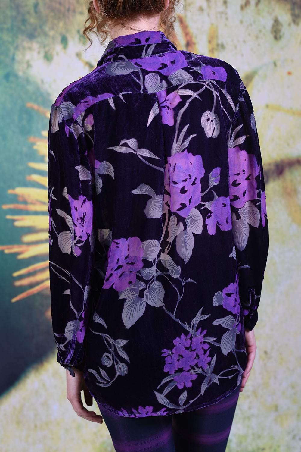 Close-up of velvet fabric of the purple Annah Stretton Elsie shirt