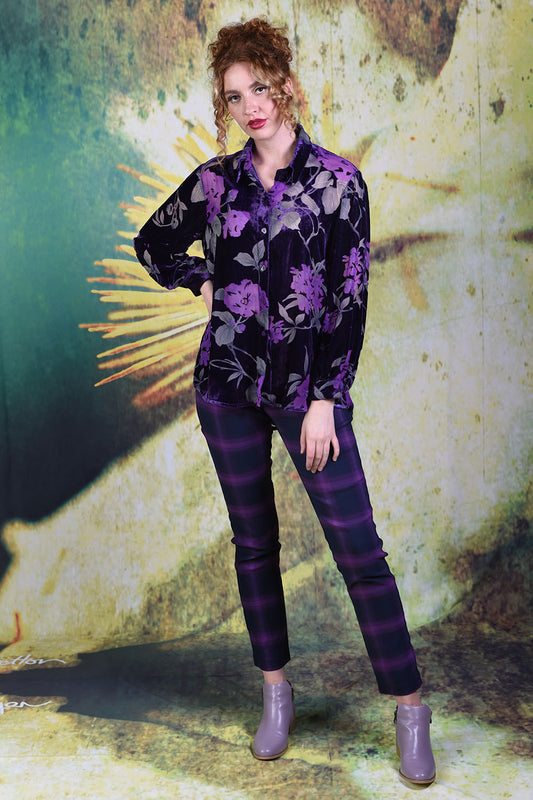Model wearing the Annah Stretton Elsie shirt in purple velvet