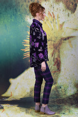 Side of model wearing the Annah Stretton Elsie Shirt in purple