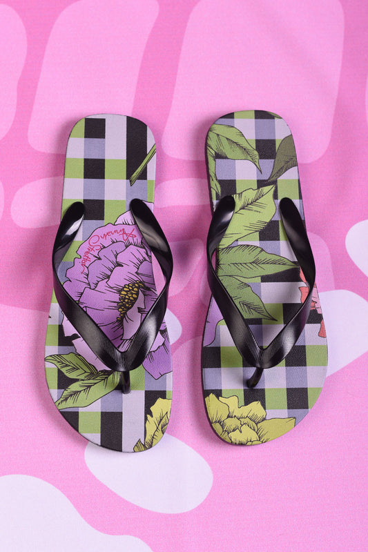 annah stretton floral jandals in lilac gingham print