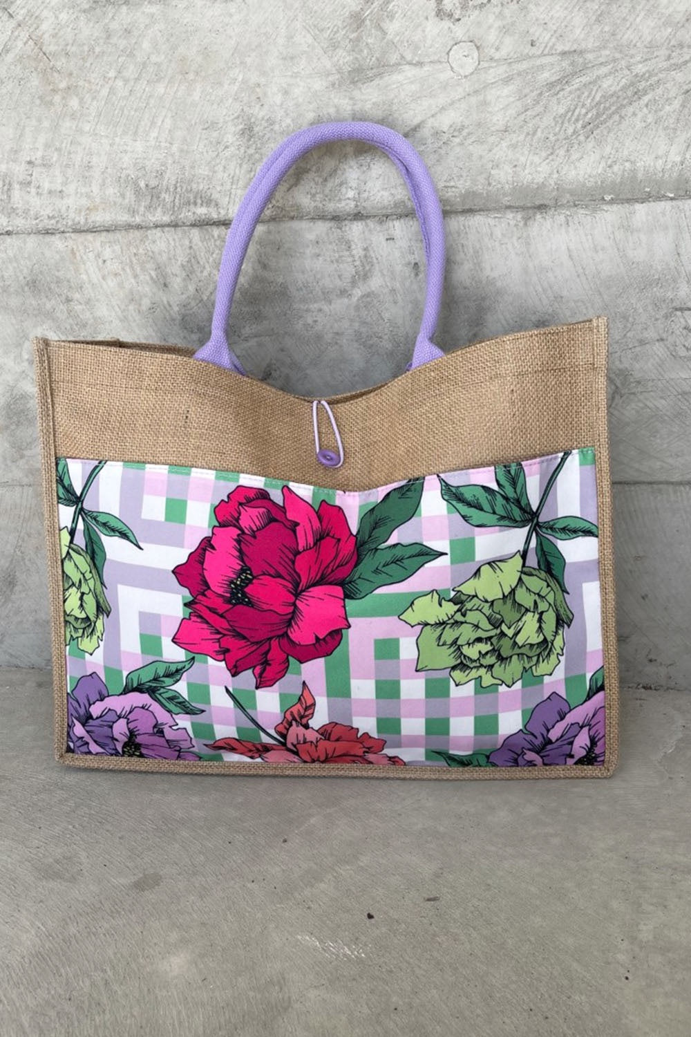 annah stretton gingham floral jute bag 