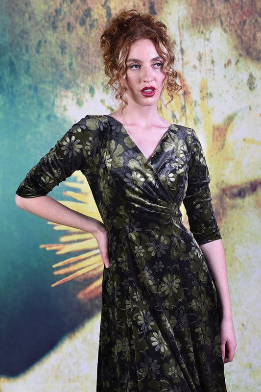 Closer shot of model wearing the Annah Stretton Jude Jade dress in Olive
