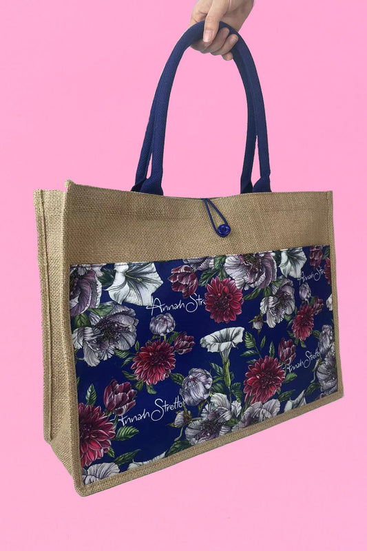 Indigo Floral Jute Bag
