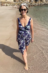 annah stretton wearing lily trumpet bathers and matching swim wrap in indigo