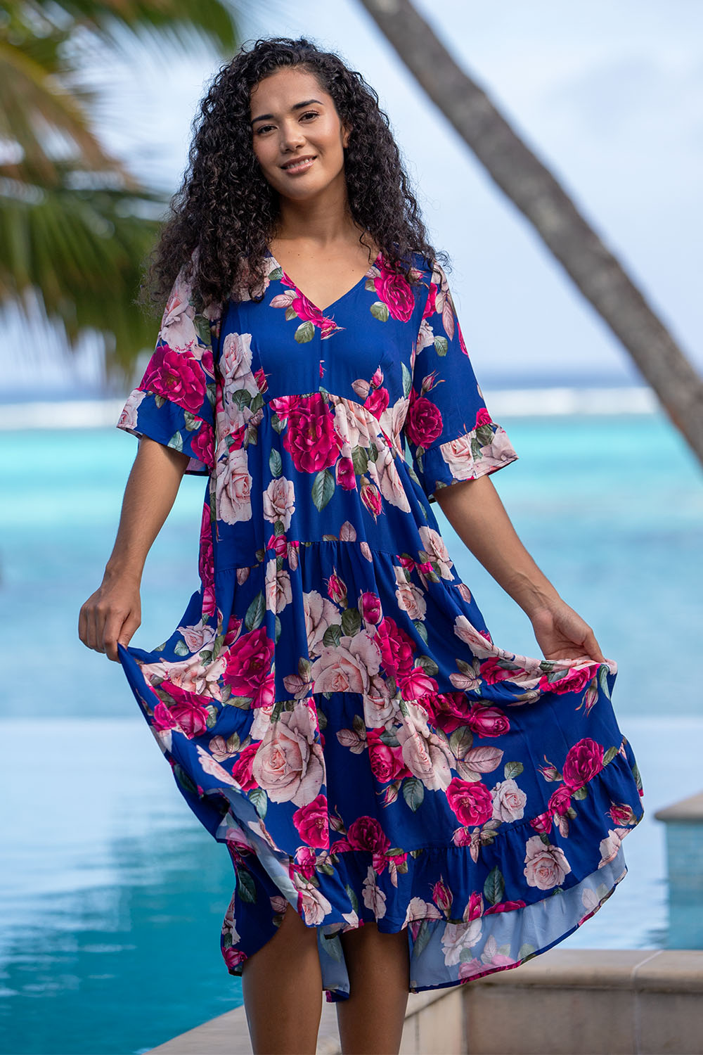 Model wearing magic dress in navy millie print by annah stretton