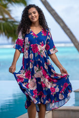 Model wearing magic dress in navy millie print by annah stretton