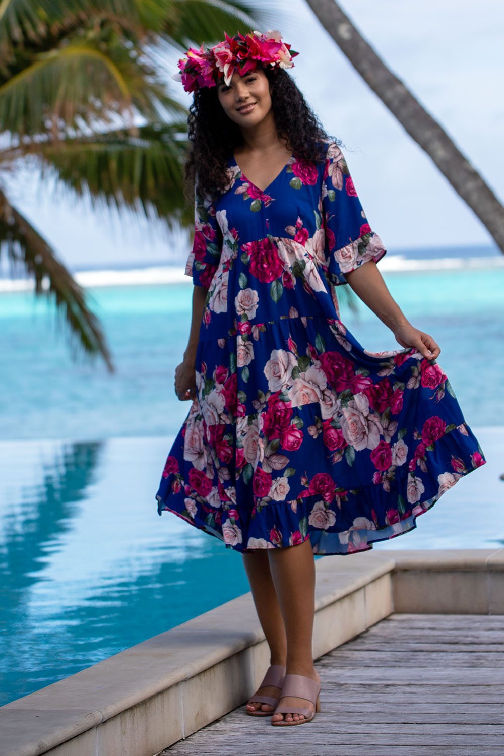 Model wearing magic dress in navy millie print by annah stretton