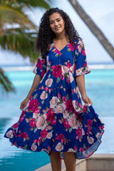 Model wearing magic dress in navy millie print by annah stretton