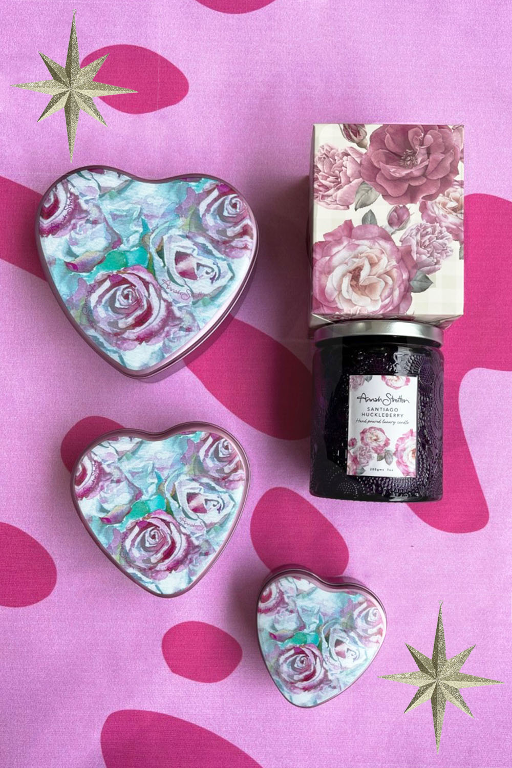 annah stretton magic tins christmas gift pack, pink stacking heart tins and candle