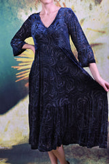 Closer shot of velvet blue floral fabric on the Magic Velvet Dress