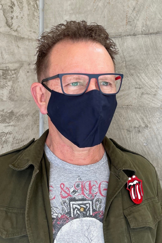 man wearing navy face mask