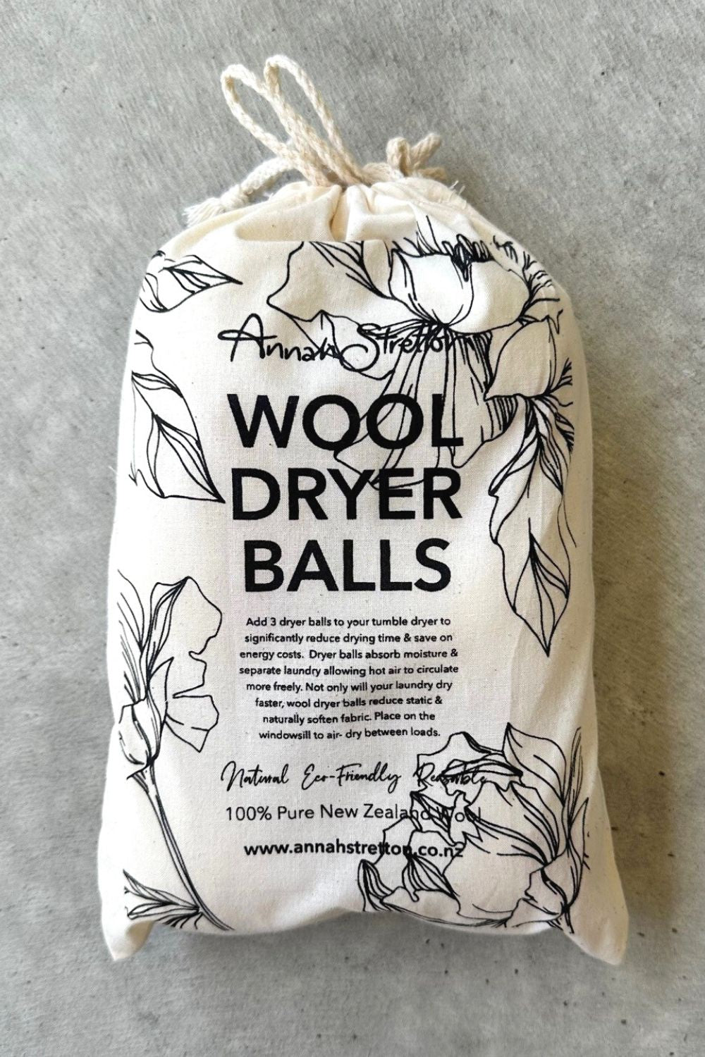 Front packaging of the Annah Stretton Peony Dryer Balls