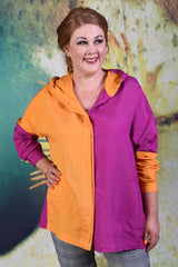 Model wearing the Annah Stretton Perinwkle Hooded shirt