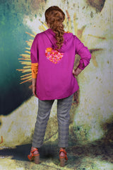 Full shot of the back of the model wearing the Annah Stretton Periwinkle hooded shirt