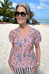 annah stretton wearing peyton top in yellow floral print